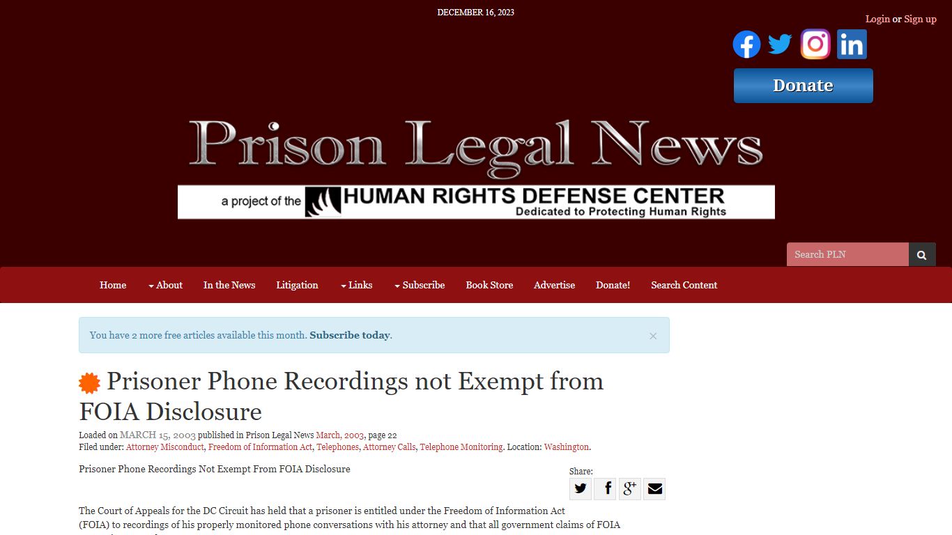 Prisoner Phone Recordings not Exempt from FOIA Disclosure