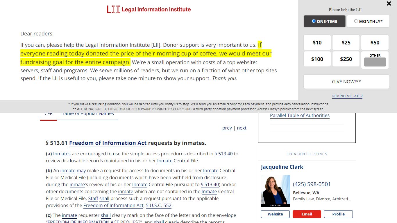 28 CFR § 513.61 - Freedom of Information Act requests by inmates.